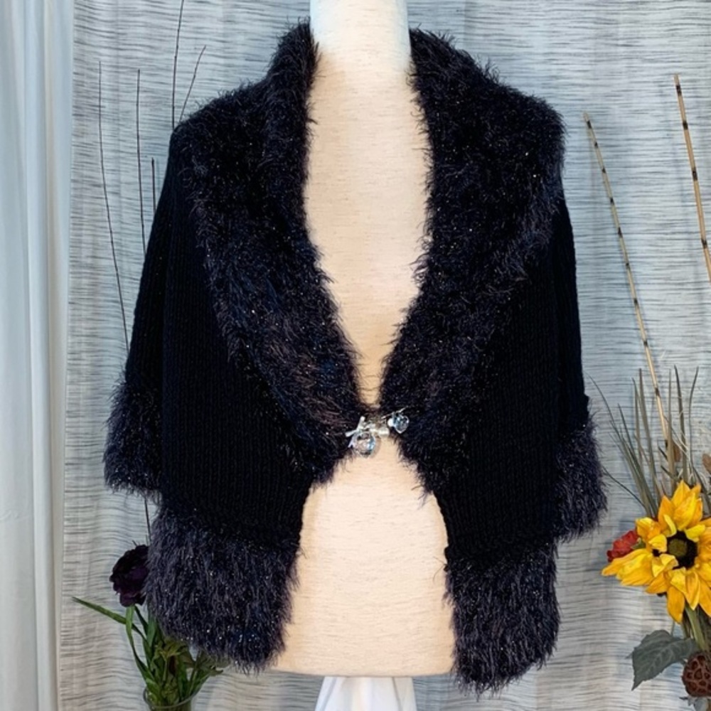 Mesmerize black knit and faux feather cardigan sweater.